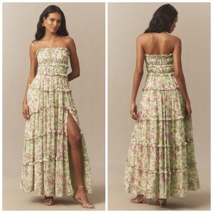 bhldn lyla strapless side-slit satin midi dress BHLDN Lyla Strapless Side-Slit Satin Midi Dress
